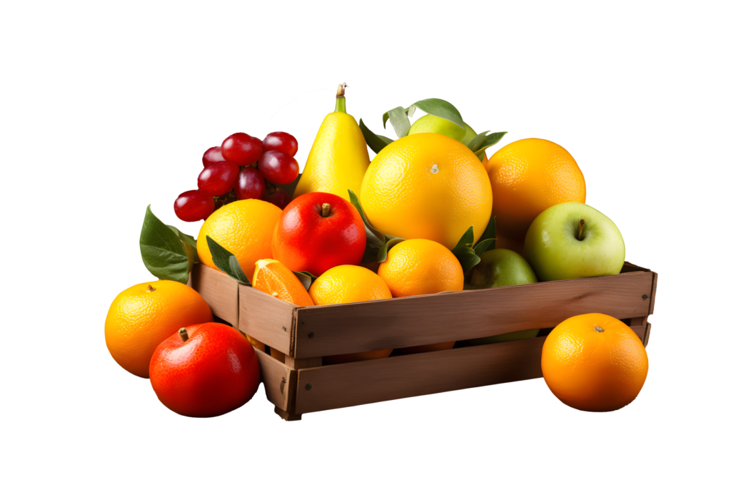 a-variety-of-fresh-fruits-including-apples-oranges-and-grapes-arranged-on-a-wooden-box-placed-on-a-transparent-background-ai-generated-png